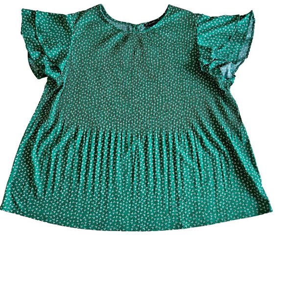 Adrianna Papell Tiered Flutter SS Green Ditsy Floral Print Top Plus Womens 2X - Picture 10 of 14